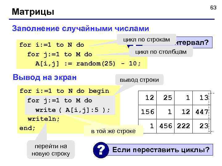      63 Матрицы Заполнение случайными числами for i: =1 to