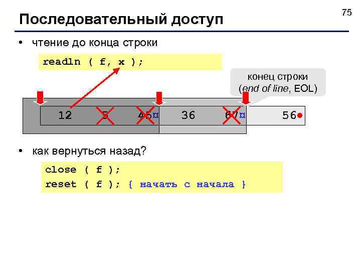      75 Последовательный доступ • чтение до конца строки readln