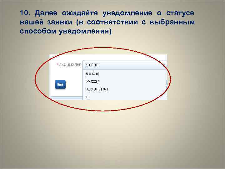 10.  Далее ожидайте уведомление о статусе вашей заявки (в соответствии с выбранным способом