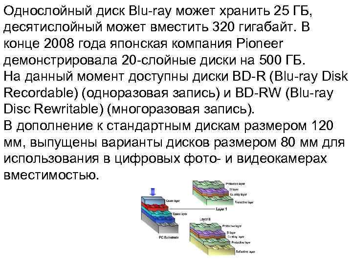 Однослойный диск Blu-ray может хранить 25 ГБ,  десятислойный может вместить 320 гигабайт. В