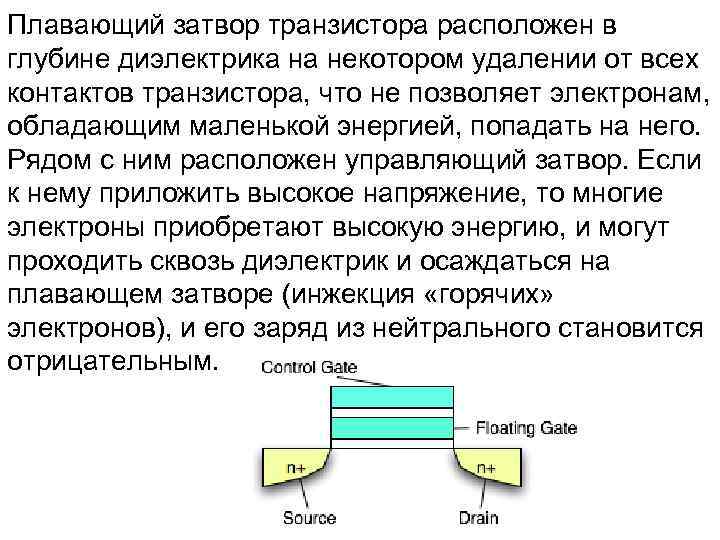 Плавающий затвор транзистора расположен в глубине диэлектрика на некотором удалении от всех контактов транзистора,