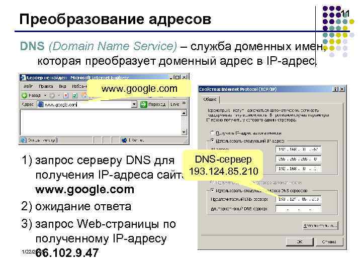      11 Преобразование адресов DNS (Domain Name Service) – служба