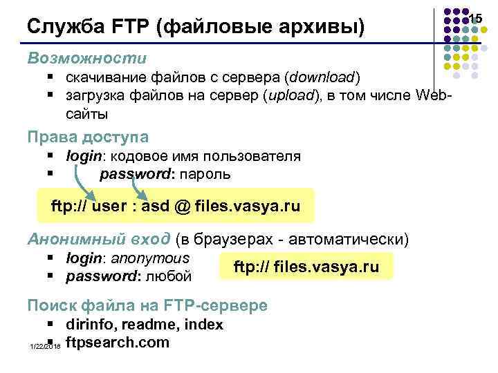      15 Служба FTP (файловые архивы) Возможности  § скачивание