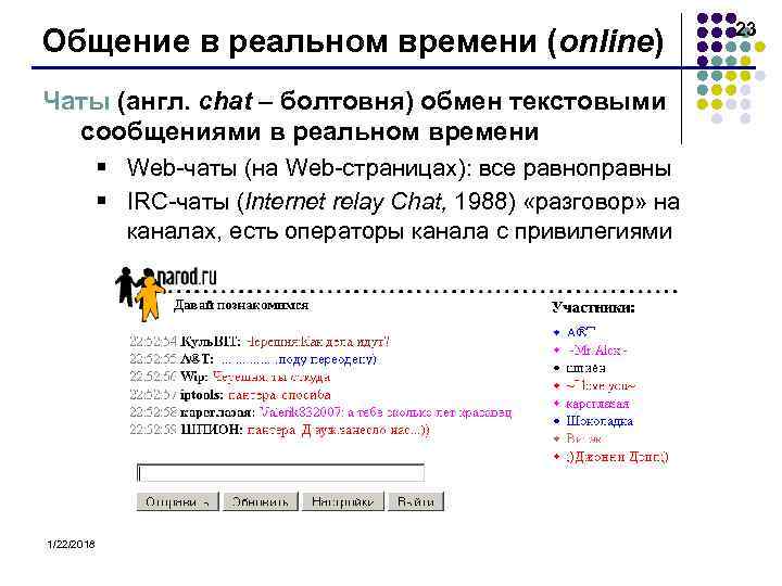       23 Общение в реальном времени (online) Чаты (англ.