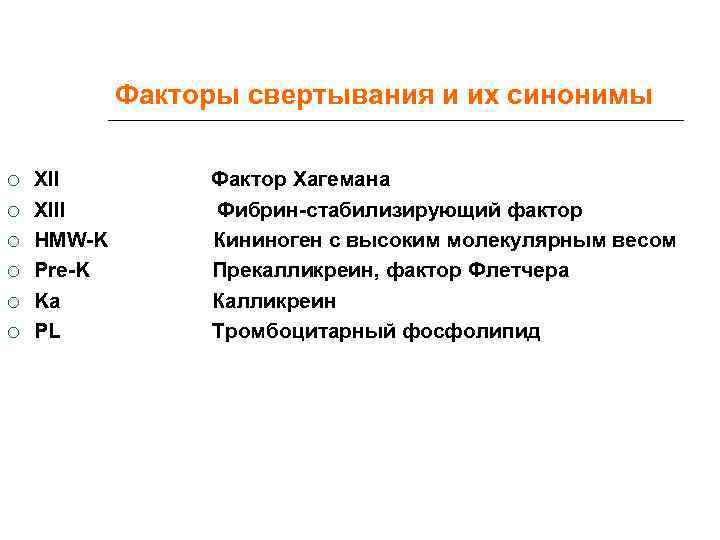   Факторы свертывания и их синонимы XII   Фактор Хагемана XIII 