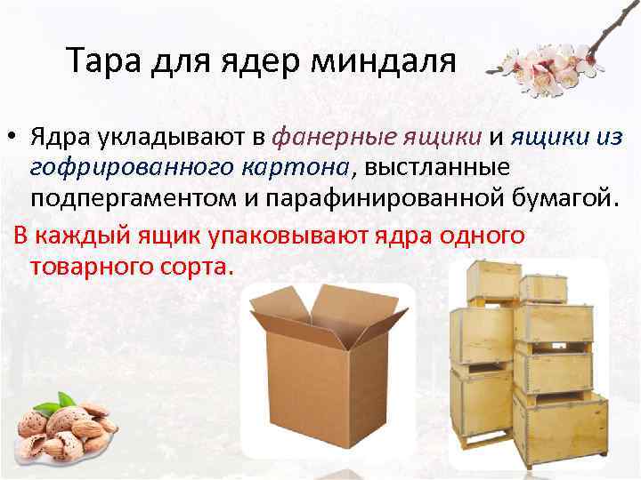   Тара для ядер миндаля • Ядра укладывают в фанерные ящики из 