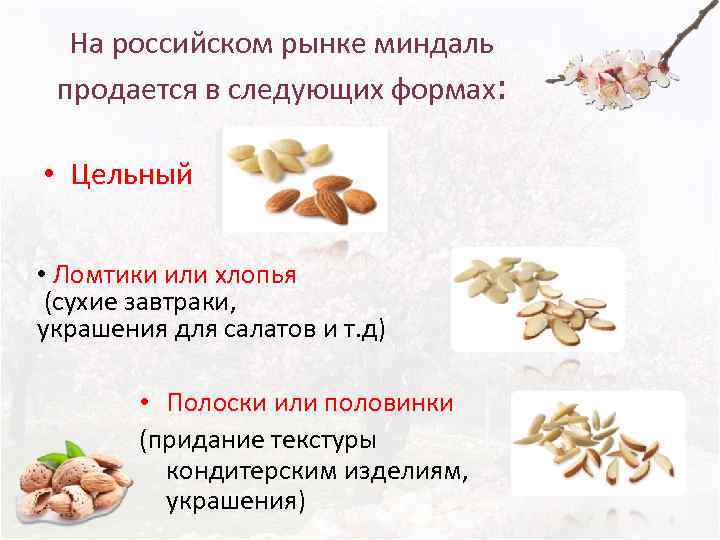 На российском рынке миндаль продается в следующих формах:  • Цельный  •
