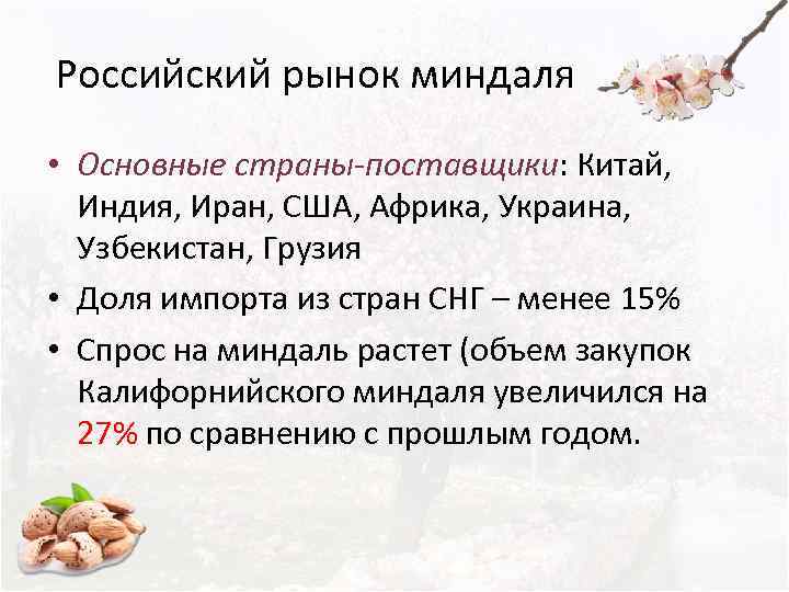 Российский рынок миндаля • Основные страны-поставщики: Китай,  Индия, Иран, США, Африка, Украина, 