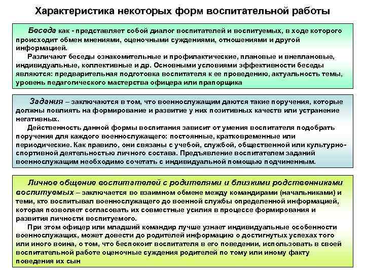 Характеристика некоторых форм воспитательной работы Беседа как - представляет собой диалог воспитателей Характеристика некоторых форм воспитательной работы Беседа как - представляет собой диалог воспитателей
