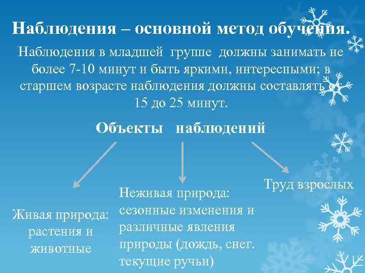 Наблюдения – основной метод обучения. Наблюдения в младшей группе должны занимать не  более