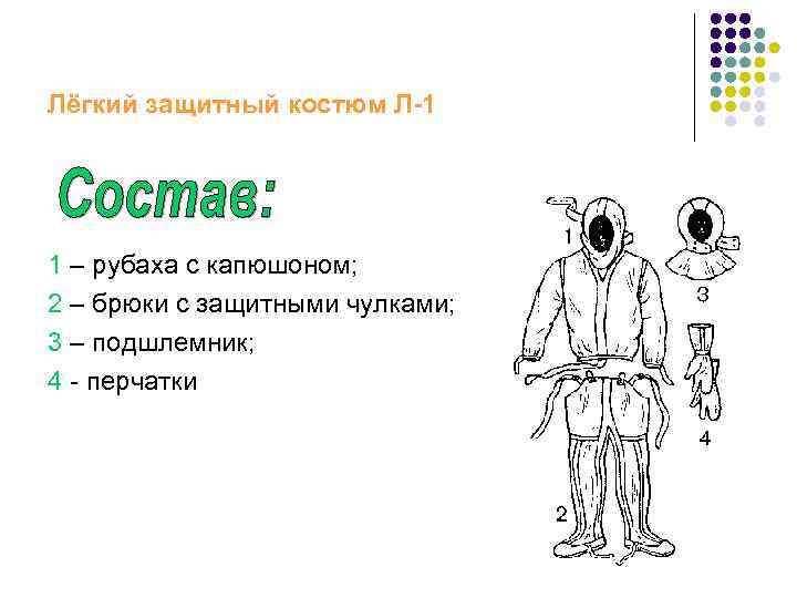 Лёгкий защитный костюм Л-1 1 – рубаха с капюшоном; 2 – брюки с защитными