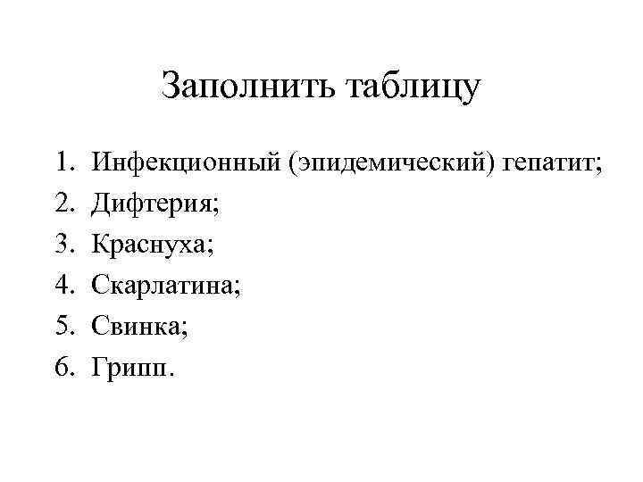    Заполнить таблицу 1.  Инфекционный (эпидемический) гепатит; 2.  Дифтерия; 3.