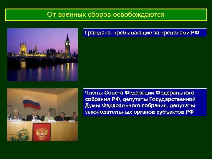 От военных сборов освобождаются  Граждане, пребывающие за пределами РФ   Члены Совета