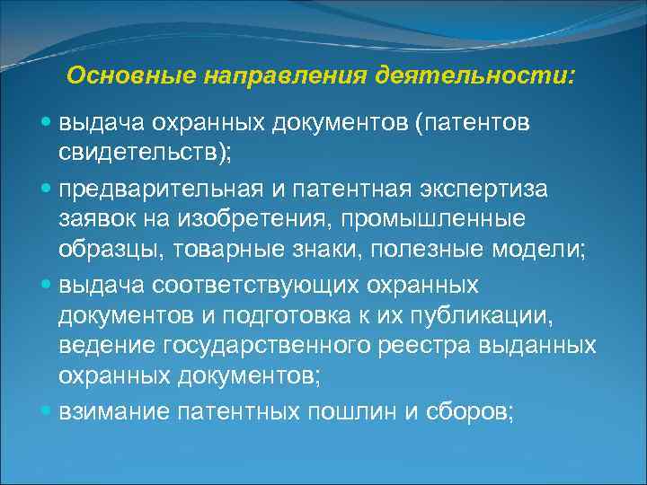  Основные направления деятельности:   выдача охранных документов (патентов  свидетельств);  предварительная