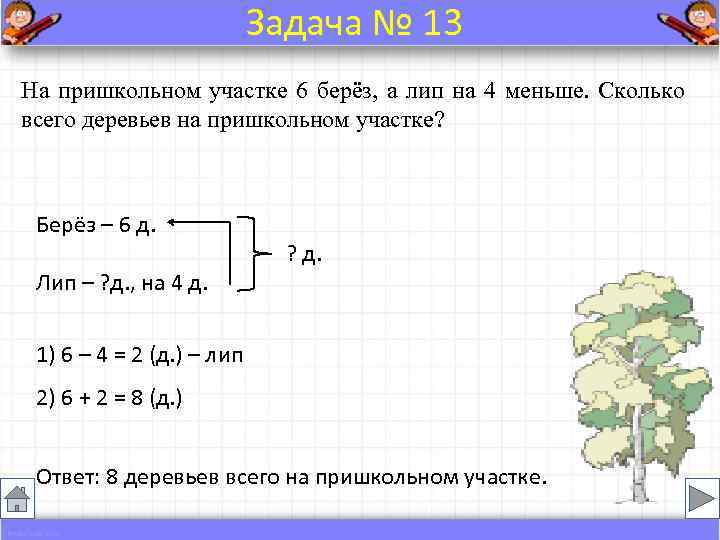       Задача № 13 На пришкольном участке 6 берёз,