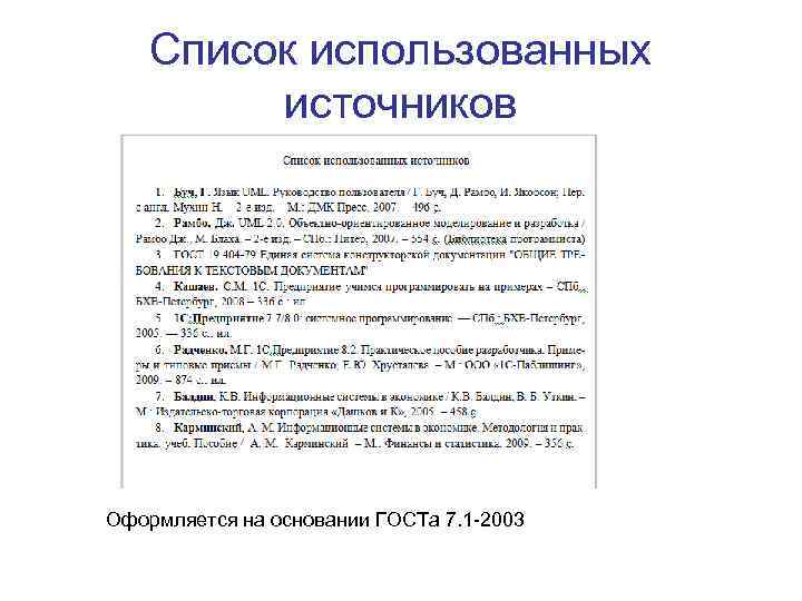   Список использованных   источников Оформляется на основании ГОСТа 7. 1 -2003