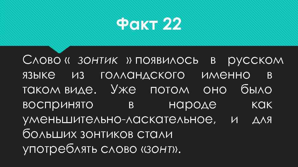   Факт 22 Слово « зонтик » появилось в русском языке из голландского