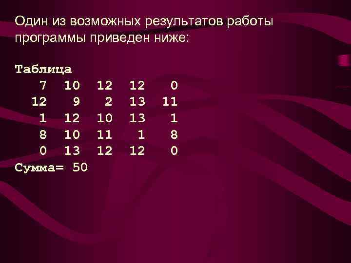 Один из возможных результатов работы программы приведен ниже:  Таблица  7 10 12