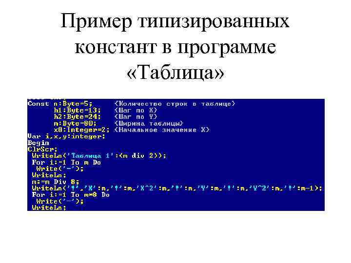 Пример типизированных констант в программе  «Таблица» 