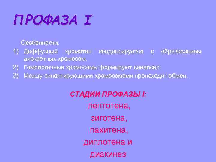 ПРОФАЗА I Особенности: 1)  Диффузный хроматин конденсируется с образованием  дискретных хромосом. 2)