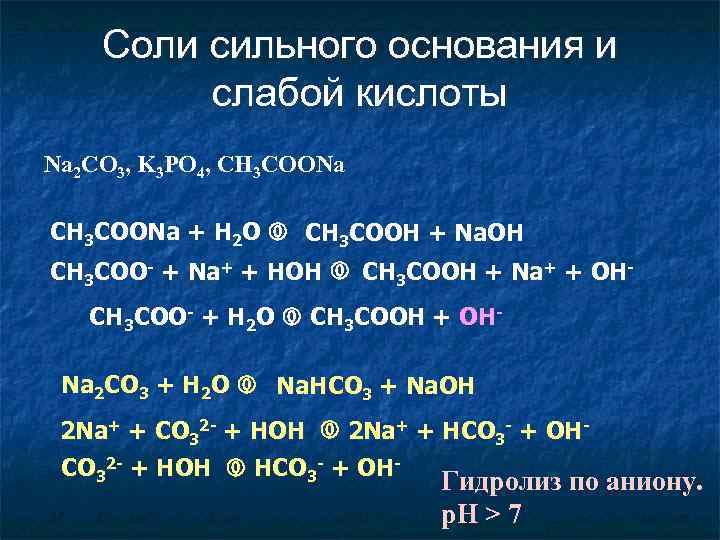   Соли сильного основания и   слабой кислоты Na 2 CO 3,