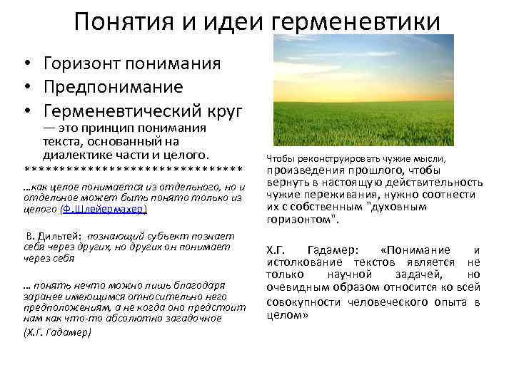    Понятия и идеи герменевтики • Горизонт понимания • Предпонимание • Герменевтический
