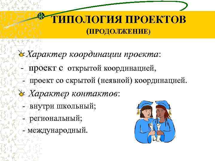   ТИПОЛОГИЯ ПРОЕКТОВ   (ПРОДОЛЖЕНИЕ)  Характер координации проекта: - проект с