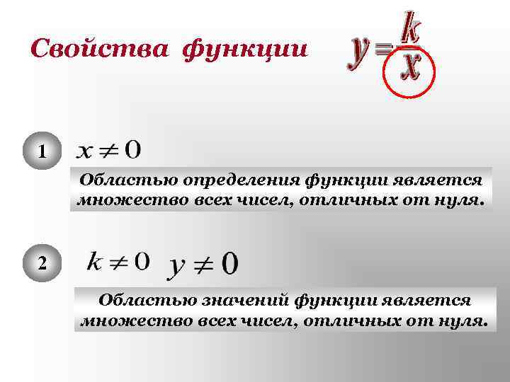 Свойства функции  1 Областью определения функции является множество всех чисел, отличных от нуля.