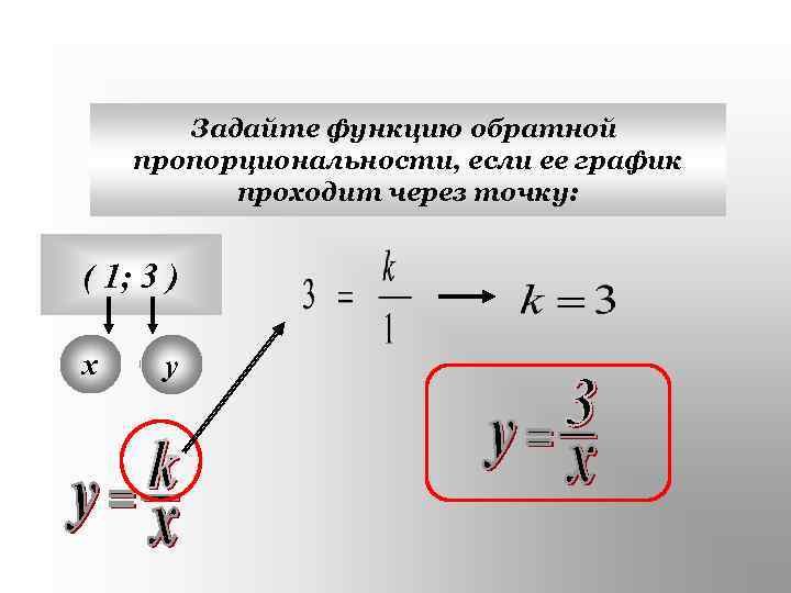  Задайте функцию обратной пропорциональности, если ее график  проходит через точку: 