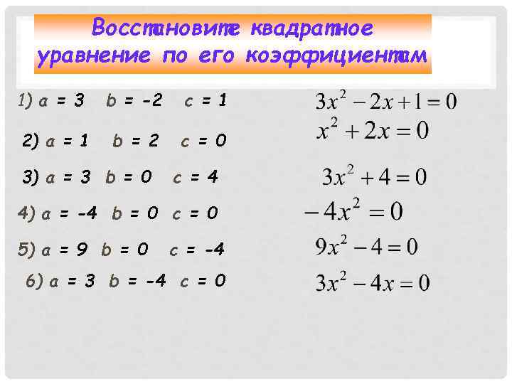  Восстановите квадратное  уравнение по его коэффициентам 1) а = 3  b