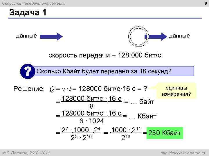 Скорость передачи информации     8 Задача 1   данные 