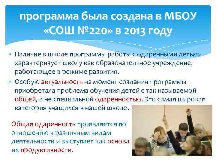   программа была создана в МБОУ   «СОШ № 220» в 2013