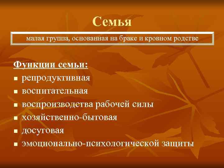      Семья  малая группа, основанная на браке и кровном