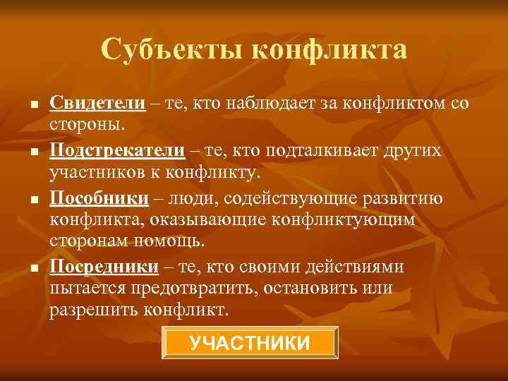    Субъекты конфликта n  Свидетели – те, кто наблюдает за конфликтом