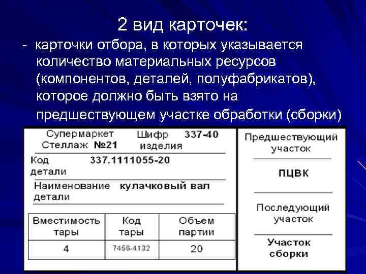    2 вид карточек: - карточки отбора, в которых указывается количество материальных
