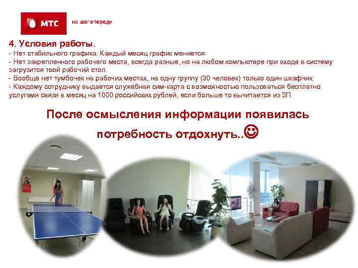 4. Условия работы. - Нет стабильного графика. Каждый месяц график меняется. - Нет закрепленного