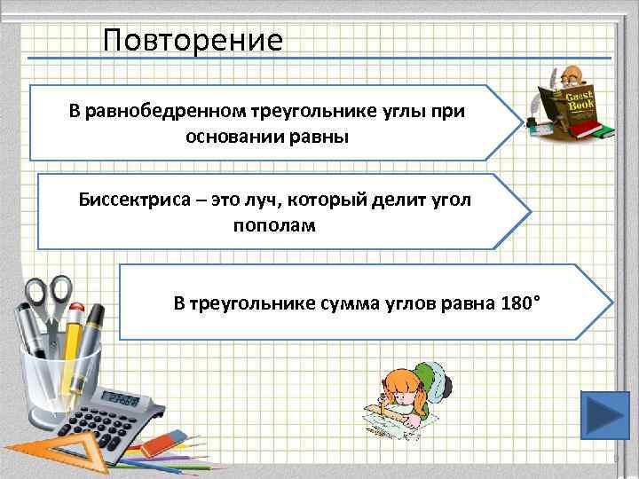   Повторение В равнобедренном треугольнике углы при  основании равны Биссектриса – это