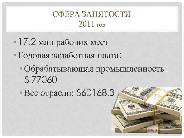   СФЕРА ЗАНЯТОСТИ   2011 ГОД  • 17, 2 млн рабочих