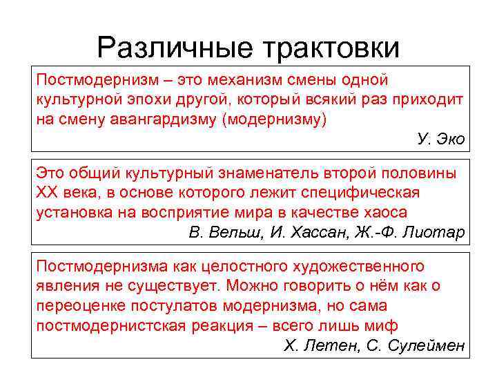   Различные трактовки Постмодернизм – это механизм смены одной культурной эпохи другой, который