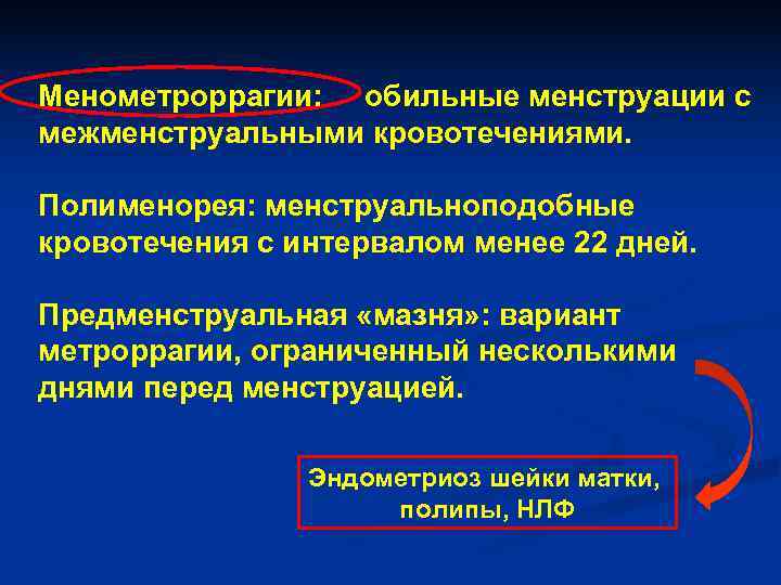 Менометроррагии: обильные менструации с межменструальными кровотечениями. Полименорея: менструальноподобные кровотечения с интервалом менее 22 Менометроррагии: обильные менструации с межменструальными кровотечениями. Полименорея: менструальноподобные кровотечения с интервалом менее 22