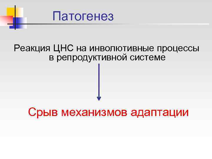   Патогенез Реакция ЦНС на инволютивные процессы  в репродуктивной системе  Срыв