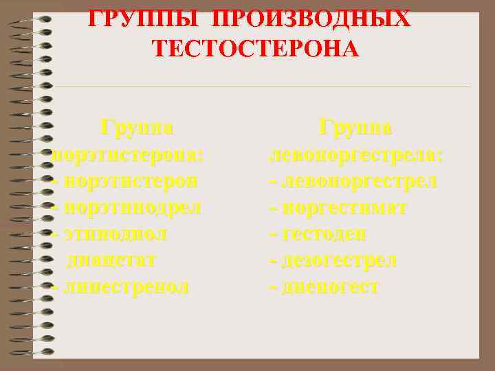   ГРУППЫ ПРОИЗВОДНЫХ  ТЕСТОСТЕРОНА  Группа норэтистерона:  левоноргестрела: - норэтистерон 