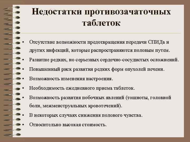   Недостатки противозачаточных   таблеток • Отсутствие возможности предотвращения передачи СПИДа и