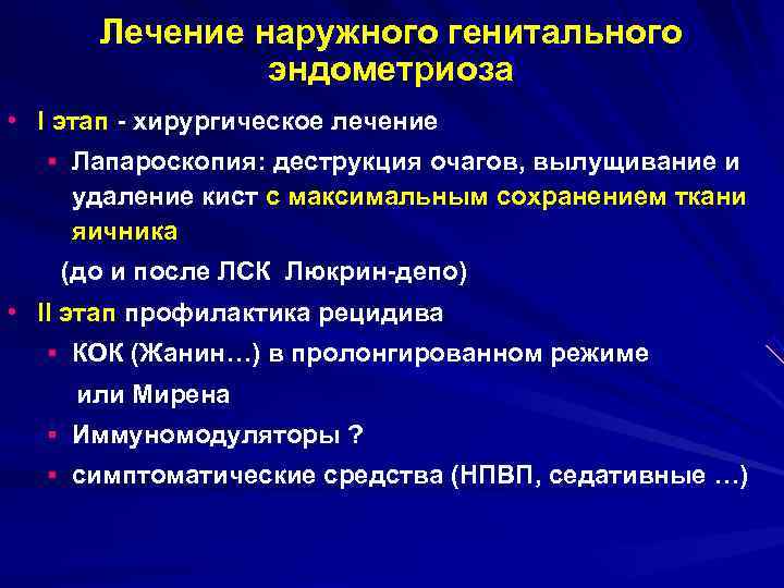 Лечение наружного генитального эндометриоза • I этап - хирургическое лечение Лечение наружного генитального эндометриоза • I этап - хирургическое лечение