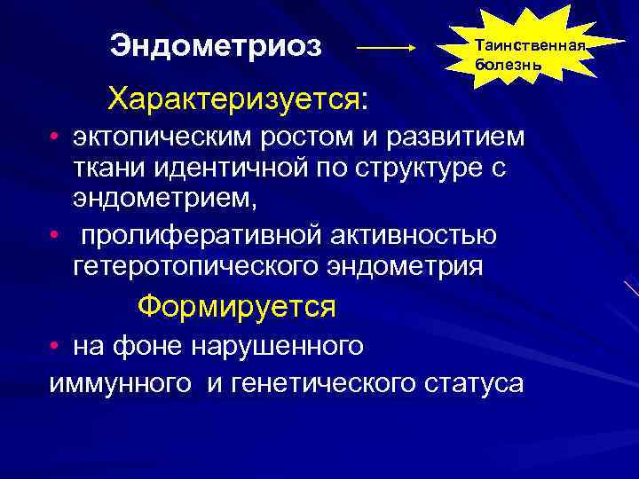 Эндометриоз Таинственная болезнь Характеризуется: • Эндометриоз Таинственная болезнь Характеризуется: •