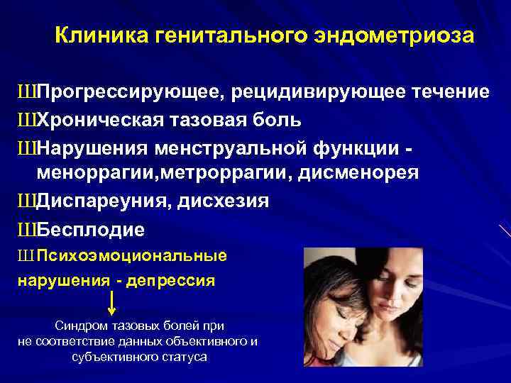 Клиника генитального эндометриоза ШПрогрессирующее, рецидивирующее течение ШХроническая тазовая боль ШНарушения менструальной функции - Клиника генитального эндометриоза ШПрогрессирующее, рецидивирующее течение ШХроническая тазовая боль ШНарушения менструальной функции -