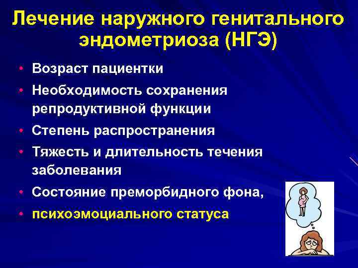 Лечение наружного генитального эндометриоза (НГЭ) • Возраст пациентки • Необходимость сохранения Лечение наружного генитального эндометриоза (НГЭ) • Возраст пациентки • Необходимость сохранения