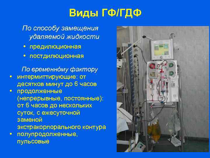 Виды ГФ/ГДФ По способу замещения удаляемой жидкости • предилюционная • постдилюционная По временнóму фактору