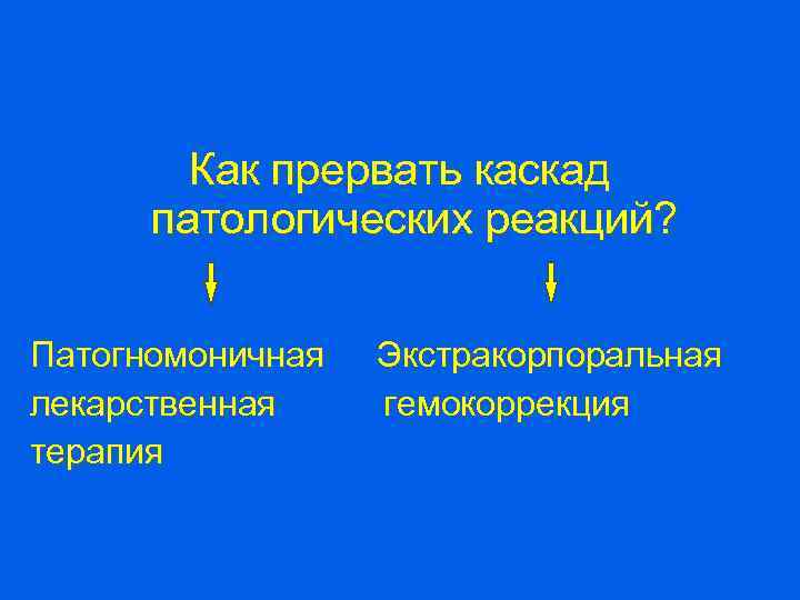 Как прервать каскад патологических реакций? Патогномоничная лекарственная терапия Экстракорпоральная гемокоррекция 