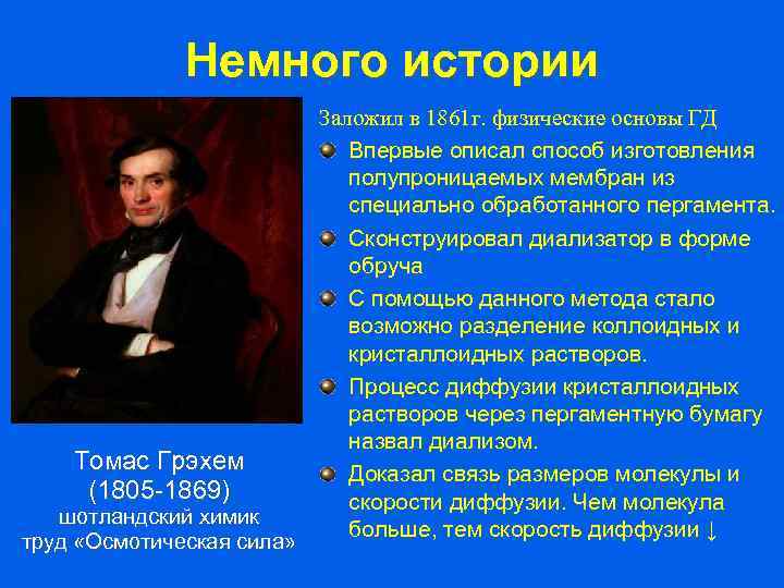 Немного истории Томас Грэхем (1805 -1869) шотландский химик труд «Осмотическая сила» Заложил в 1861